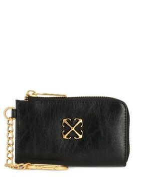 New Off-White Black Keychain Wallet, Leather Zip Card Pouch with Gold Zipper